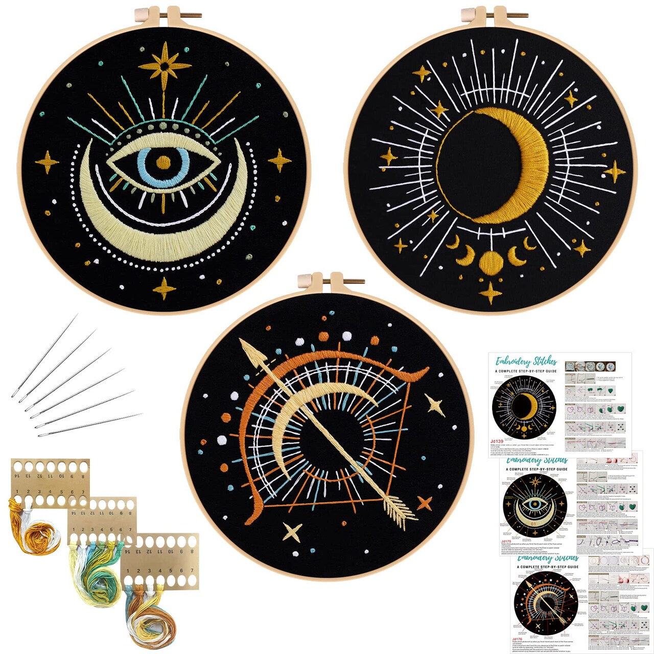 Louise Maelys 3 Set Tarot Moon Embroidery Kits for Beginners with Evil Eye Pattern,Adults Starter Cross Stitch Kit DIY Needlepoint